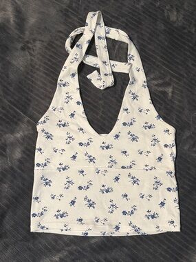Hollister White and Blue Floral Halter Crop Top